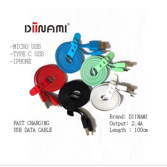 Cable Kabel data Charger pipih gepeng diinami 2.4A Micro iPhone tipe c usb fastcharcing qualcom