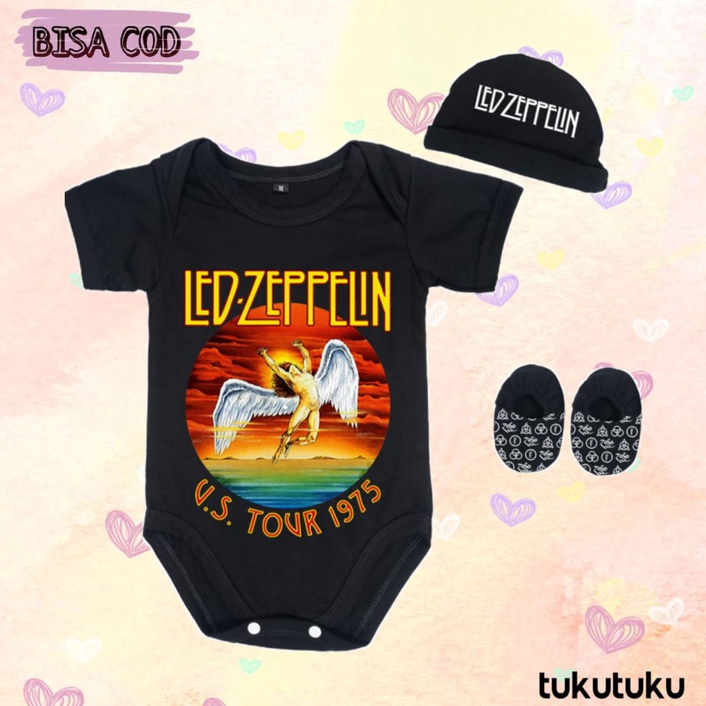 Set 3 in 1 Jumper Bayi Band Topi Kupluk dan Sepatu Newborn Jumpsuit Lucu Band Hard Rock Led Zeppelin