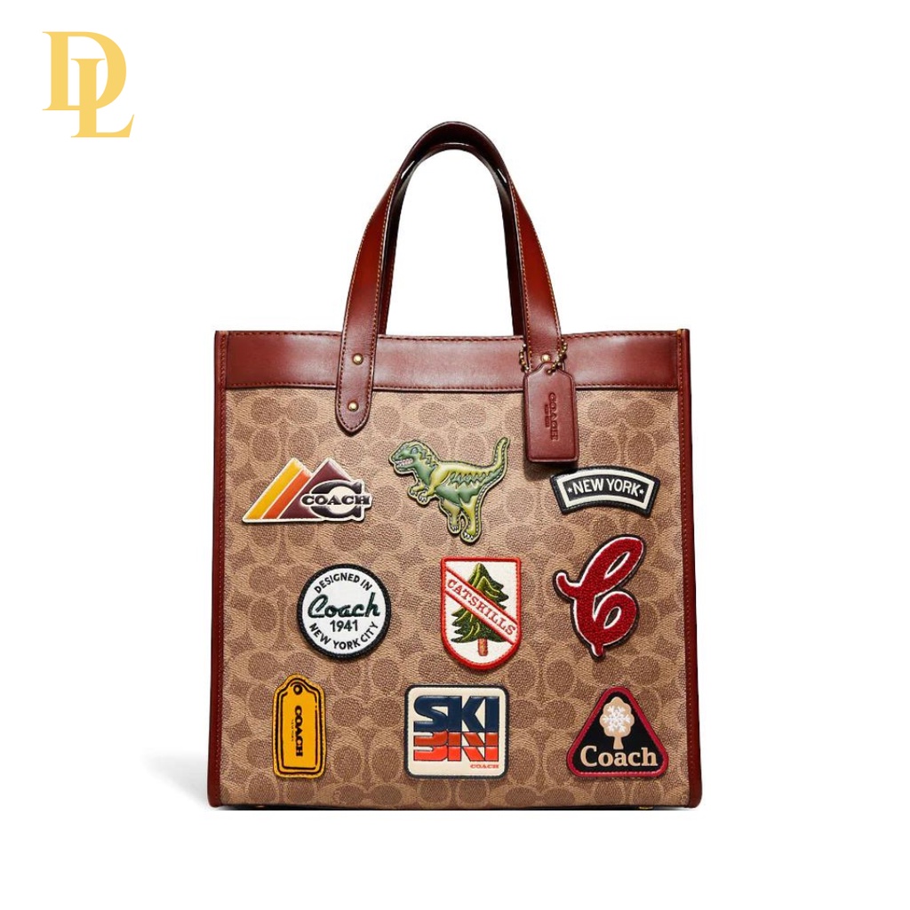 Coach Field Tote In Signature Canvas With Patches(C6846)