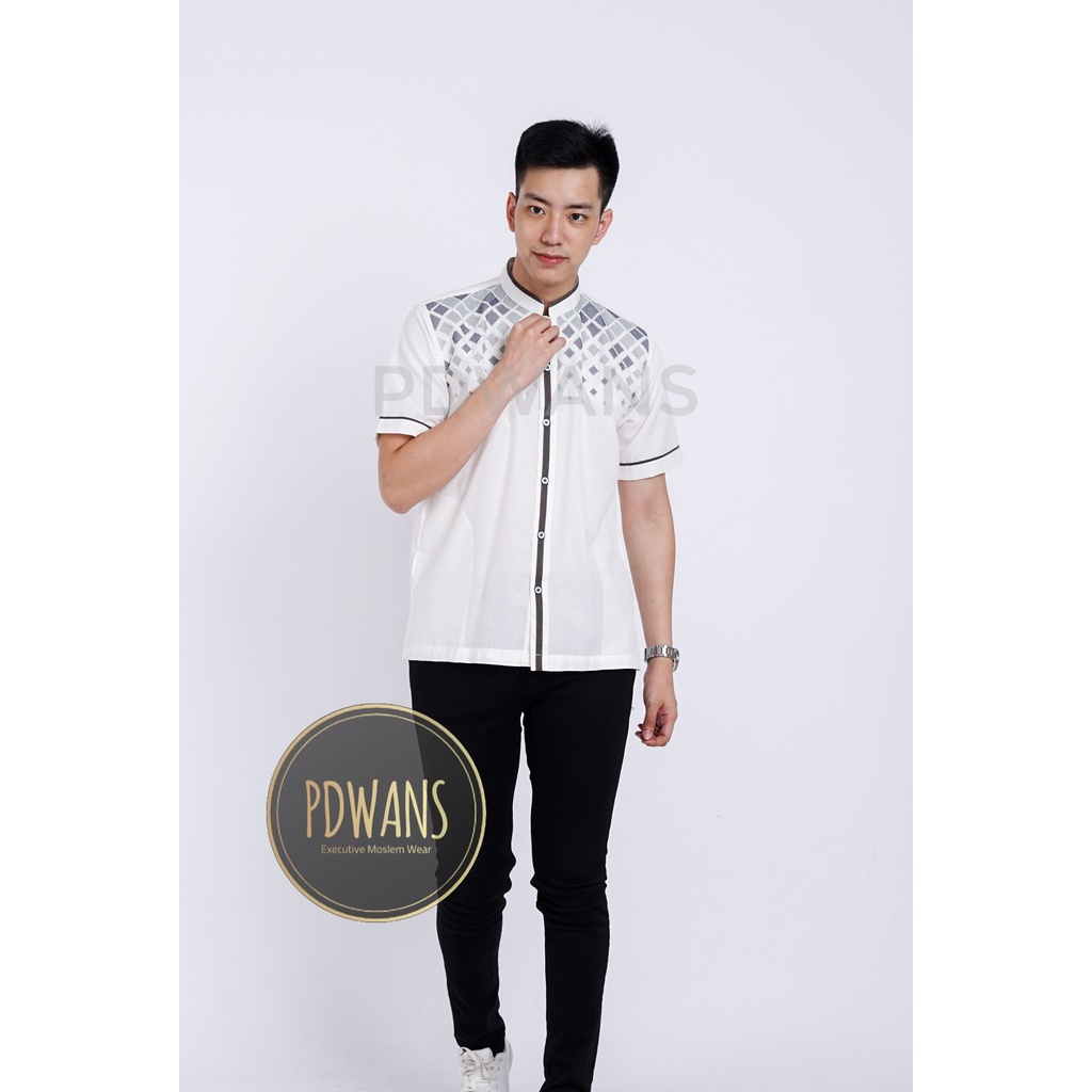 BAJU KOKO Muslim Lengan Pendek Putih Motif Bordir PDWANS - RD21