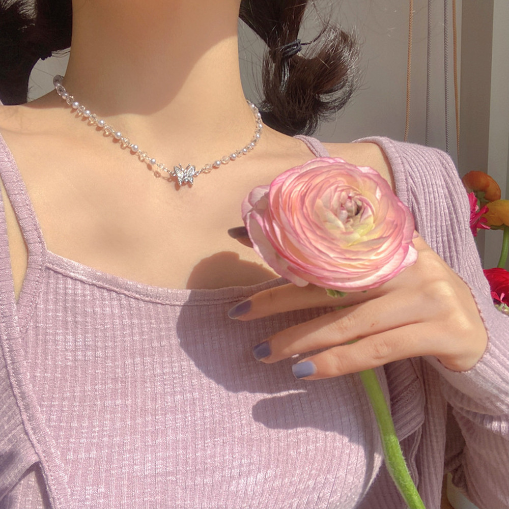 Korean Fairy Butterfly Necklaces Crystal Pearl Clavicle Chain Girl Heart Clavicle Chain Necklace Sexy Girl Jewelry