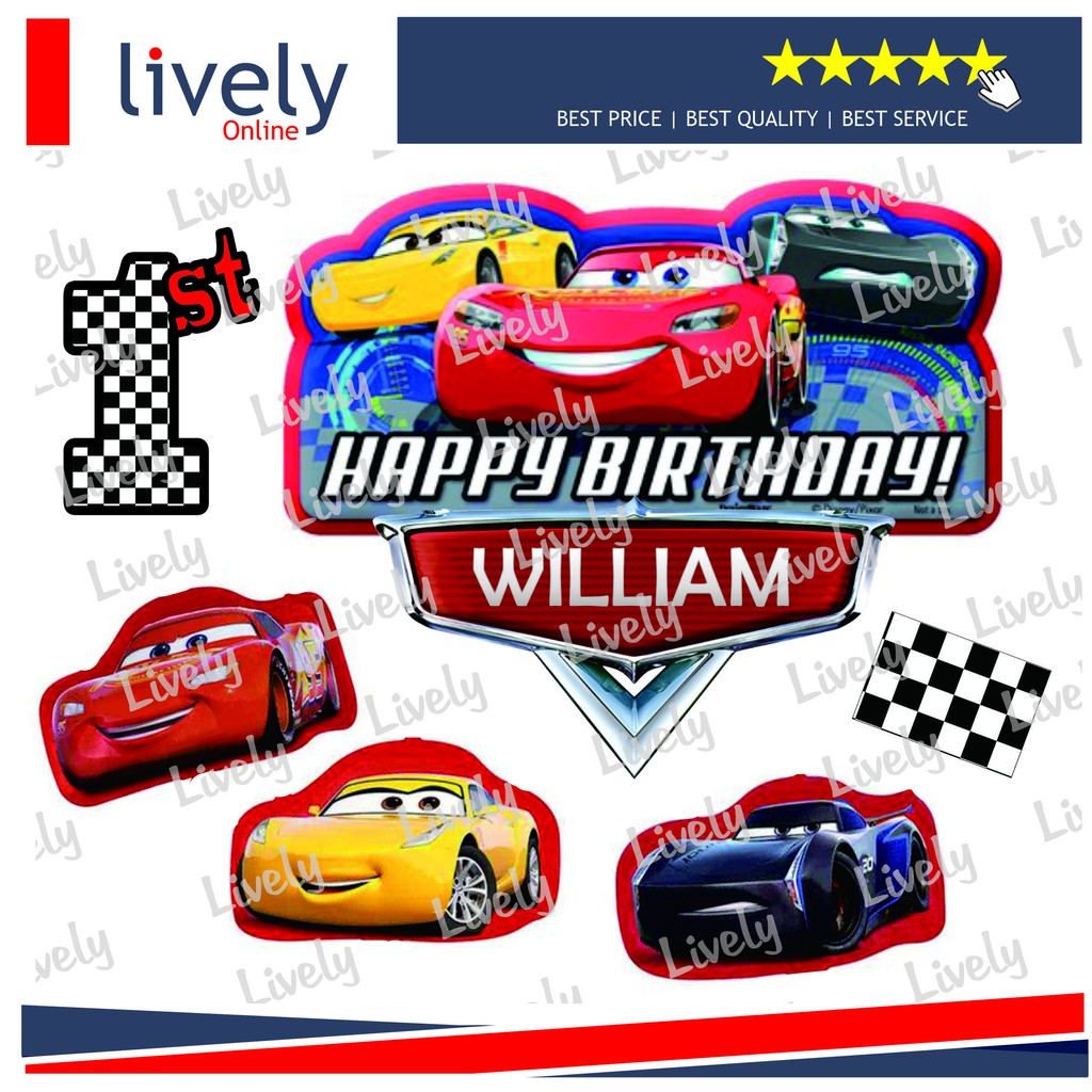 CAKE TOPPER KARAKTER HIASAN KUE HBD HAPPY BIRTHDAY CUSTOM NAMA CARS 02 set