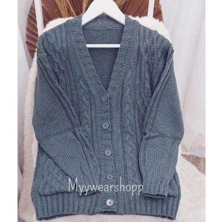 CABLE CARDY kardigan rajut kepang jumbo wanita panjang cardigan kancing oversize tebal terbaru impor-ABU TUA