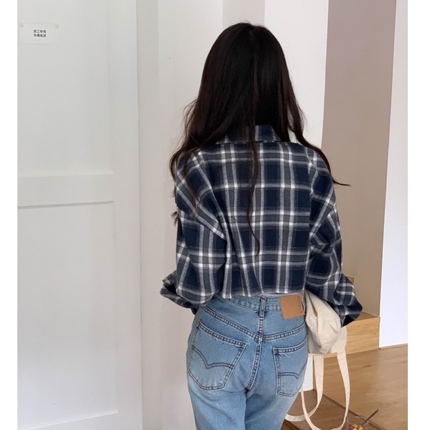 Kemeja Kotak-kotak Lengan Panjang Wanita Crop Top Retro Korea Style longgar Casual Import Blouse