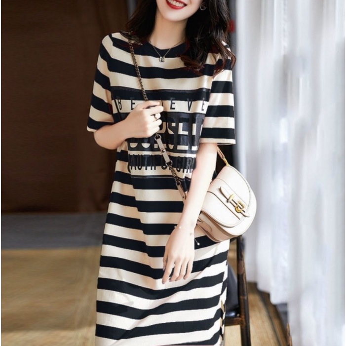 Gaun T-shirt bergaris-garis longgar dan ramping Rok Gaun Dress gaya Korea rok lengan pendek panjang