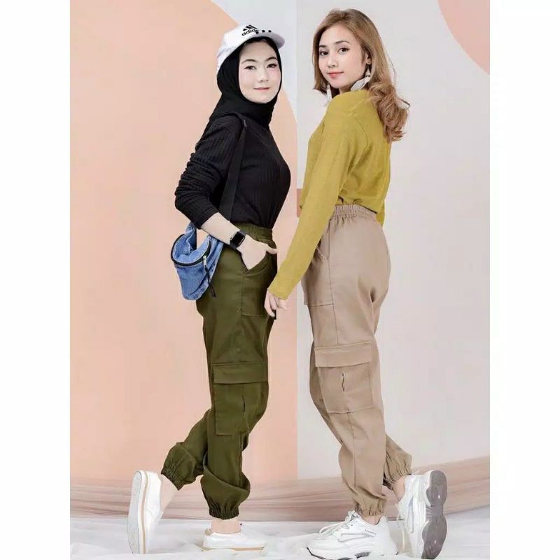 (COD BISA) BAGGY DRILL JOGGER CARGO BAGGY KANTONG SAMPING JOGGER PANTS CELANA CARGO WANITA