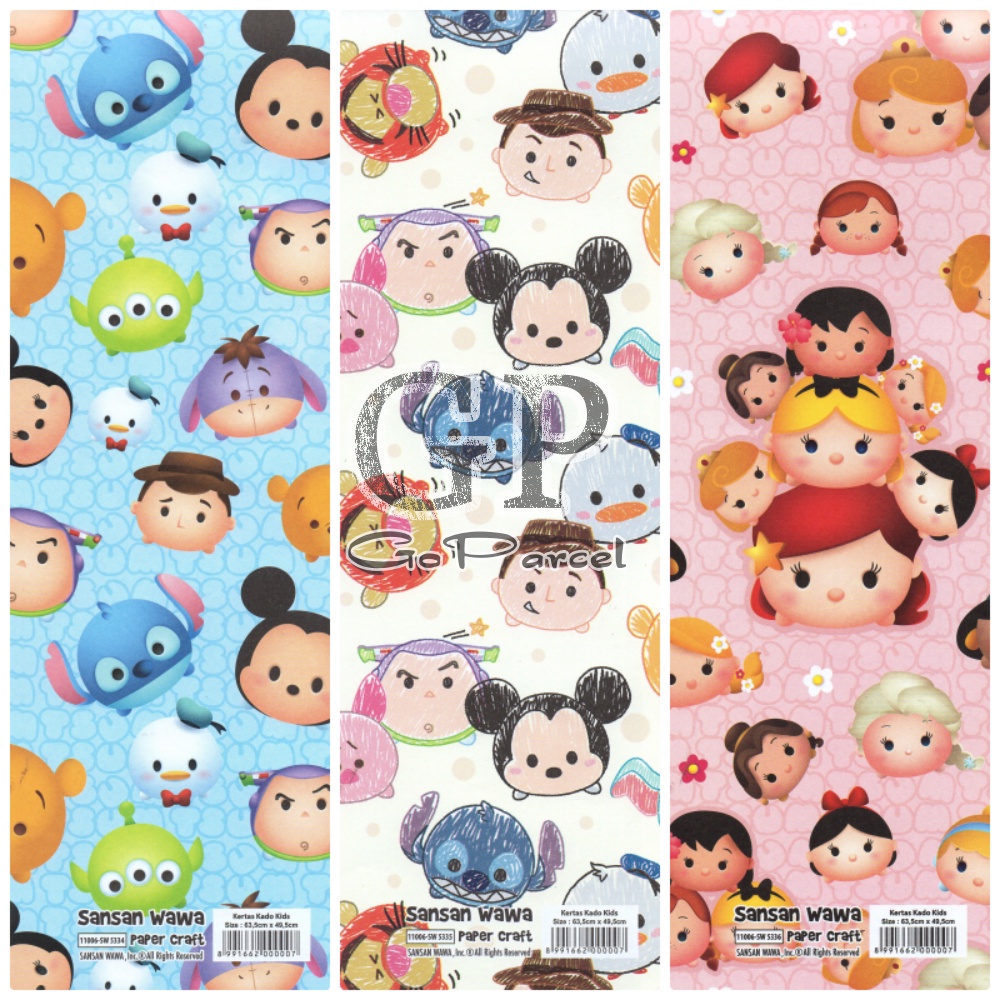 ( 5 Lembar ) TSUM TSUM SANWA  - KERTAS KADO - GIFT WRAP PAPER SANSAN WAWA TSUM TSUM PINK / BLUE / CREAM ORIGINAL DISNEY MICKEY MOUSE