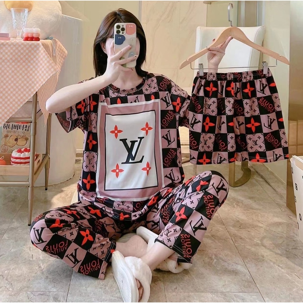 AJW Shop Piyama 3 in 1 | Piyama Lengan Pendek | Baju Tidur Impor | Baju Tidur 3in1-L Maroon