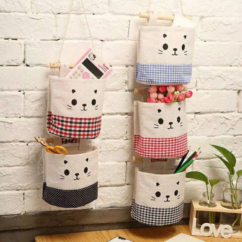 ~ PIYOSHI08 ~ Storage Rak Gantung Motif Kucing Pouch Kanvas Kitty Lucu Murah AF68