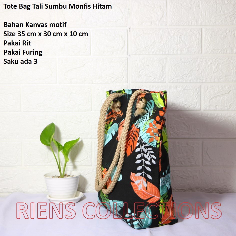 TOTEBAG KANVAS TALI SUMBU MOTIF MONFIS HITAM. TAS KANVAS. TAS JOGJA. SOUVENIR JOGJA. Riens Collections