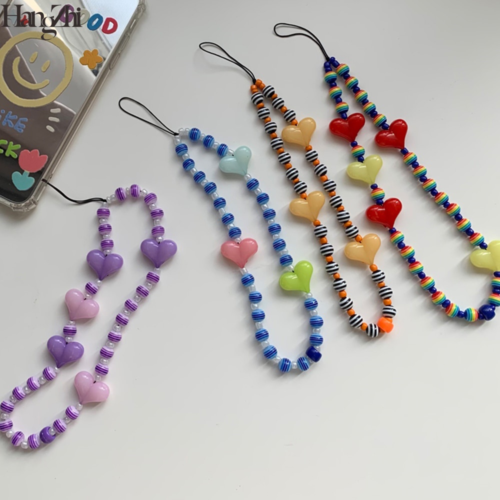 New Trendy Girls Phone Chain Colorful Acrylic Solid Heart Stripe Beaded Chain for Mobile Phone Hanging Rope