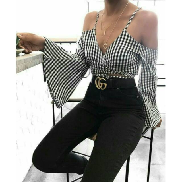 Atasan wanita crop top sabrina lengan panjang terompet