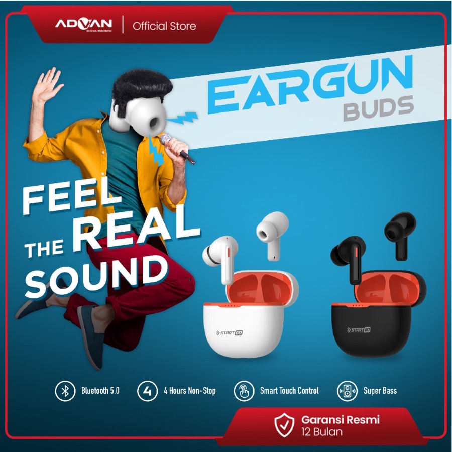 Advan StartGo Eargun - SUPREME BASS- In-Ear TWS Earphone Bluetooth Waterproof -TWS True Wireless Headset Murah Garansi Resmi