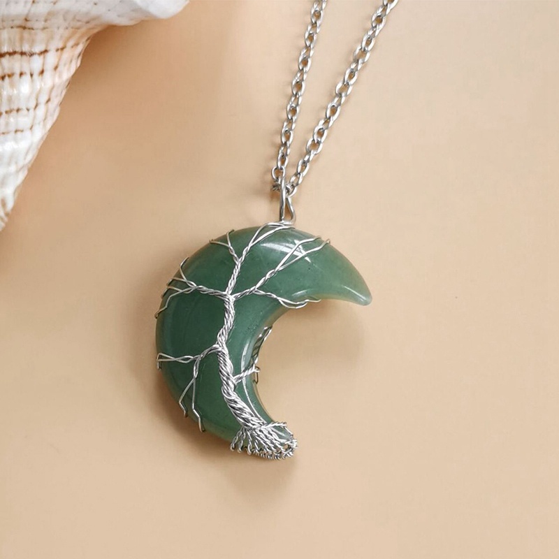 Kalung Rantai Liontin Bulan Sabitpohon Kehidupan Hias Batu Alam Aventurine Quartz Kristal Untuk Wanita