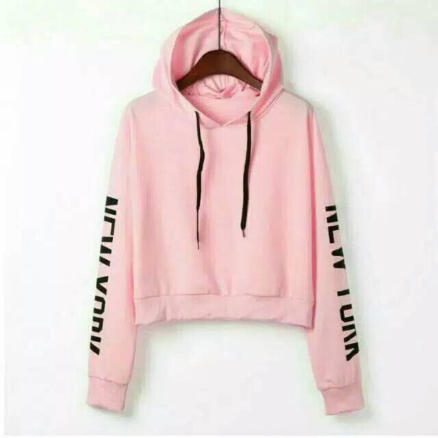 Sweater crop hoodie wanita NEWYORK lengan