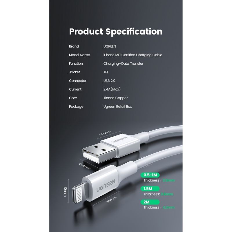 Ugreen 2.4A USB Lightning Cable MFi Certified Original