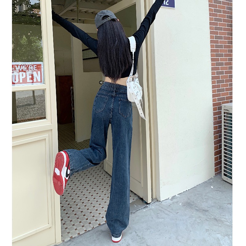 Jeans Wanita Berpinggang Tinggi Longgar Gaya Korea Lurus Berkaki Lebar