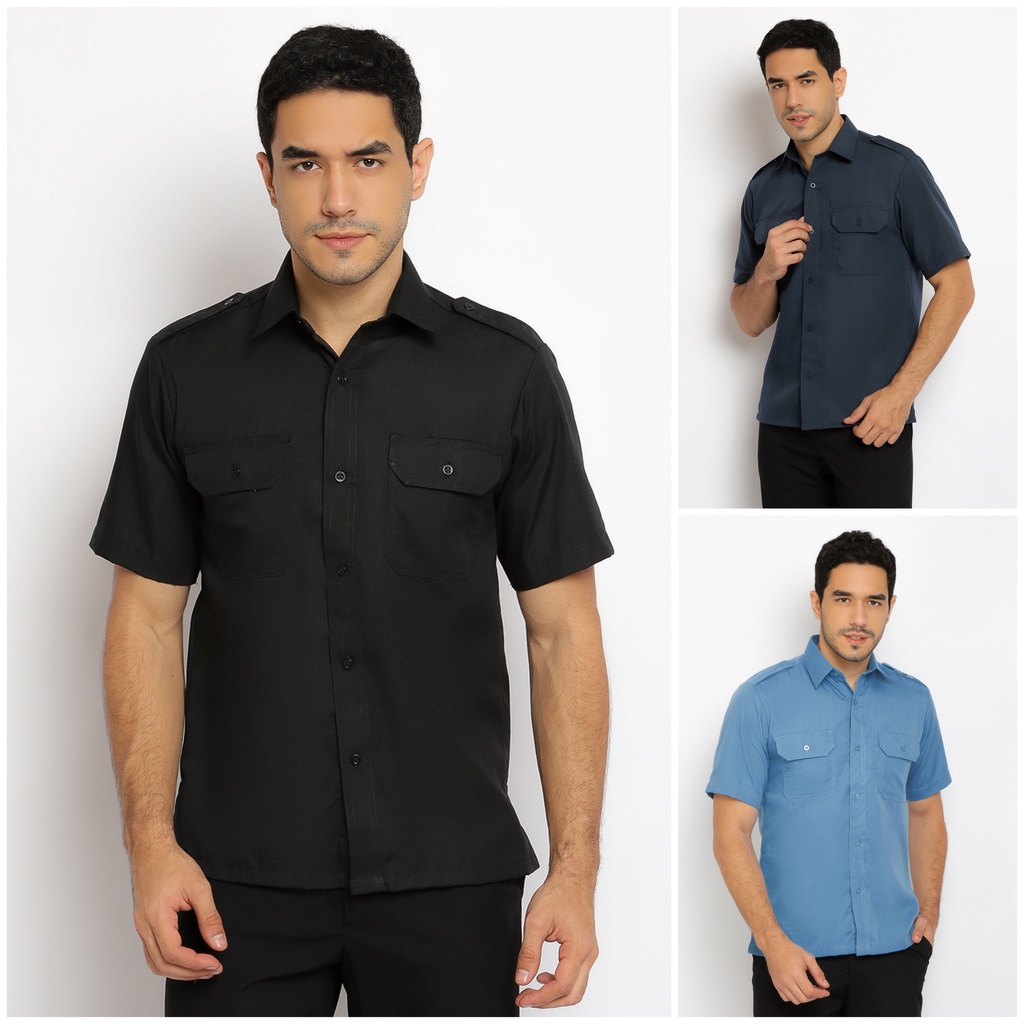 Kemeja PNS PDL ASN Baju PNS Dinas Pilot Pria Biru Santa Ricci Pendek Reguler Pangkat Kantong 2