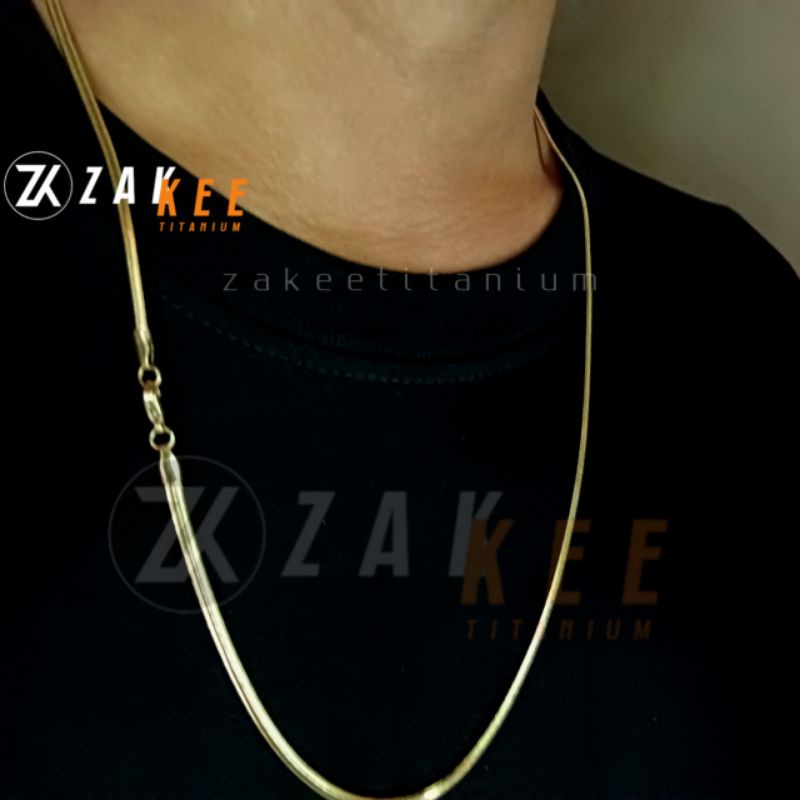 Kalung Titanium Emas Pria Wanita Belut Pipih Gepeng Mas Gold Cowok Cewek Anti Karat Panjang 45cm 50cm 60cm