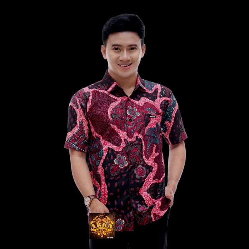 kemeja batik pria Motif hitam manis motif bungga pink