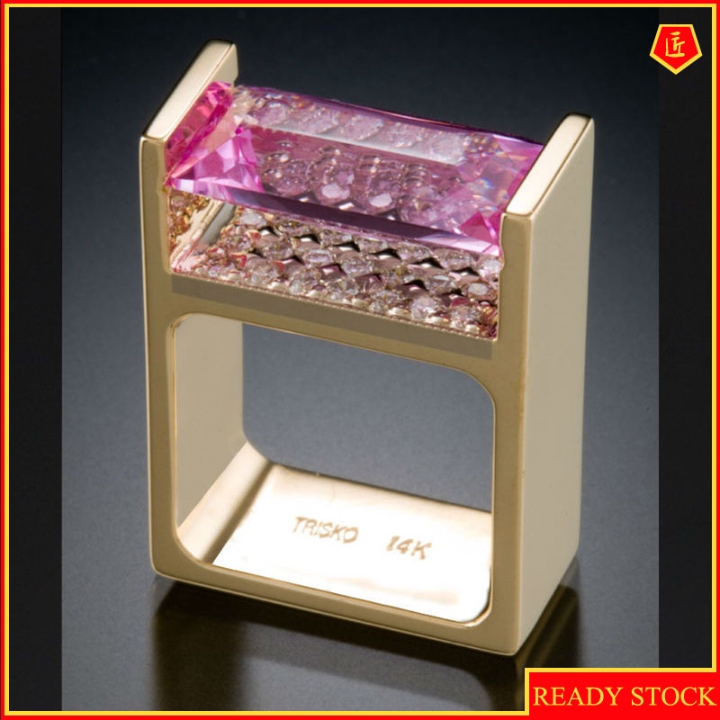 [Ready Stock]Gold Inlaid Pink Diamond Rectangular Ring Creative Design Personality