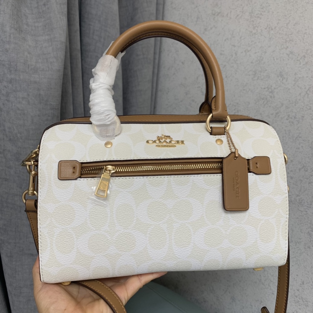 coach 149 latest color matching ROWAN classic old flower handbag Boston pillow bag milk tea   ztb