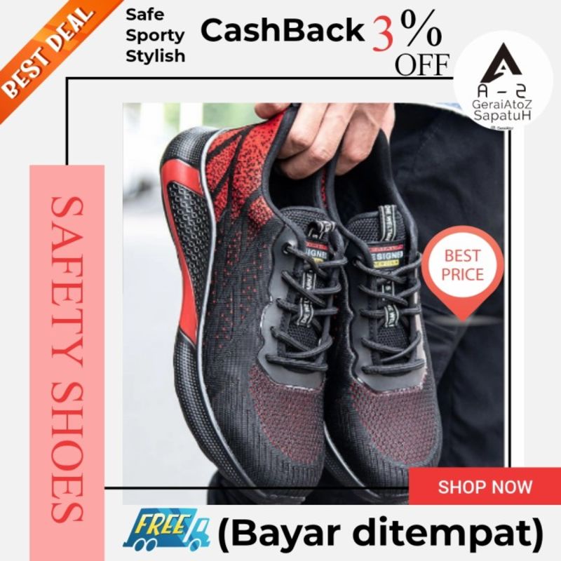 Sepatu safety shoes pria sport sneaker fashion nyaman ringan merah 07