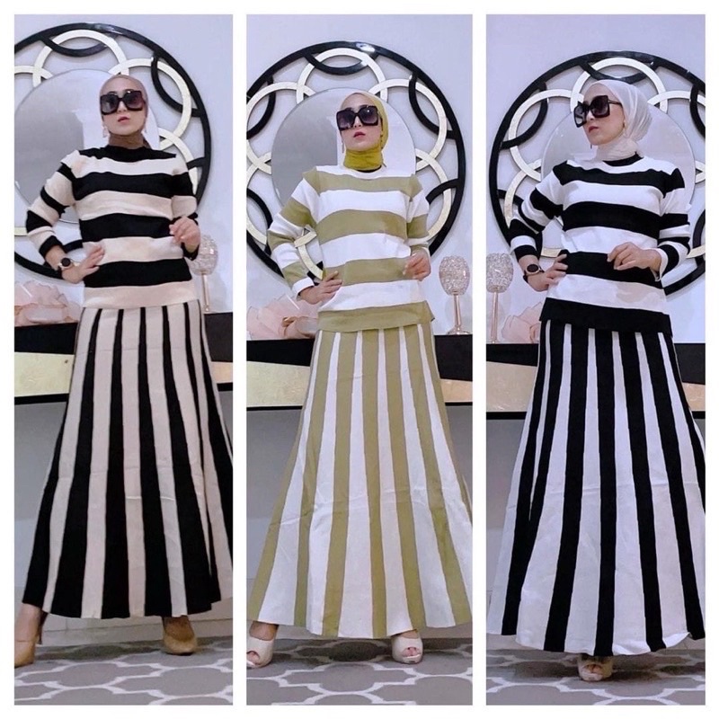 Knit One Set Salur Fuji / Baju Setelan Rajur Wanita Import