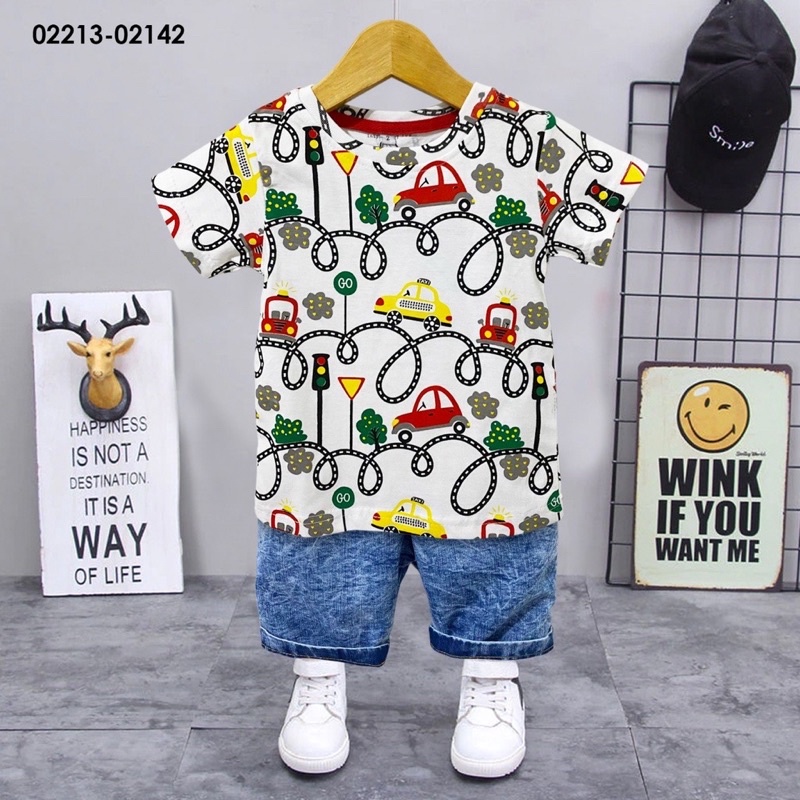 setelan anak jeans kaos full print aison 3-5 T