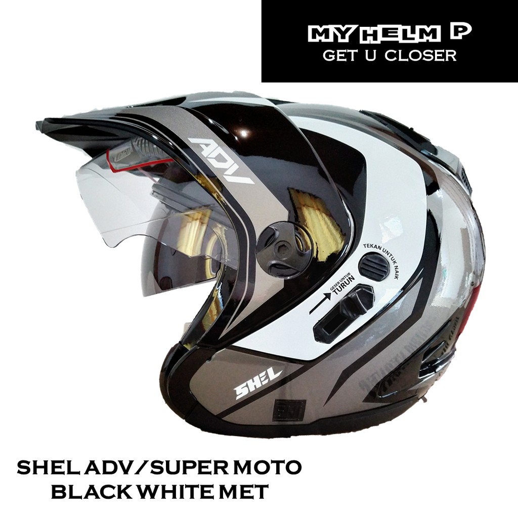 Helm SUPER MOTO SHEL ADV Double Visor Motif 01 Warna Black White Metalic