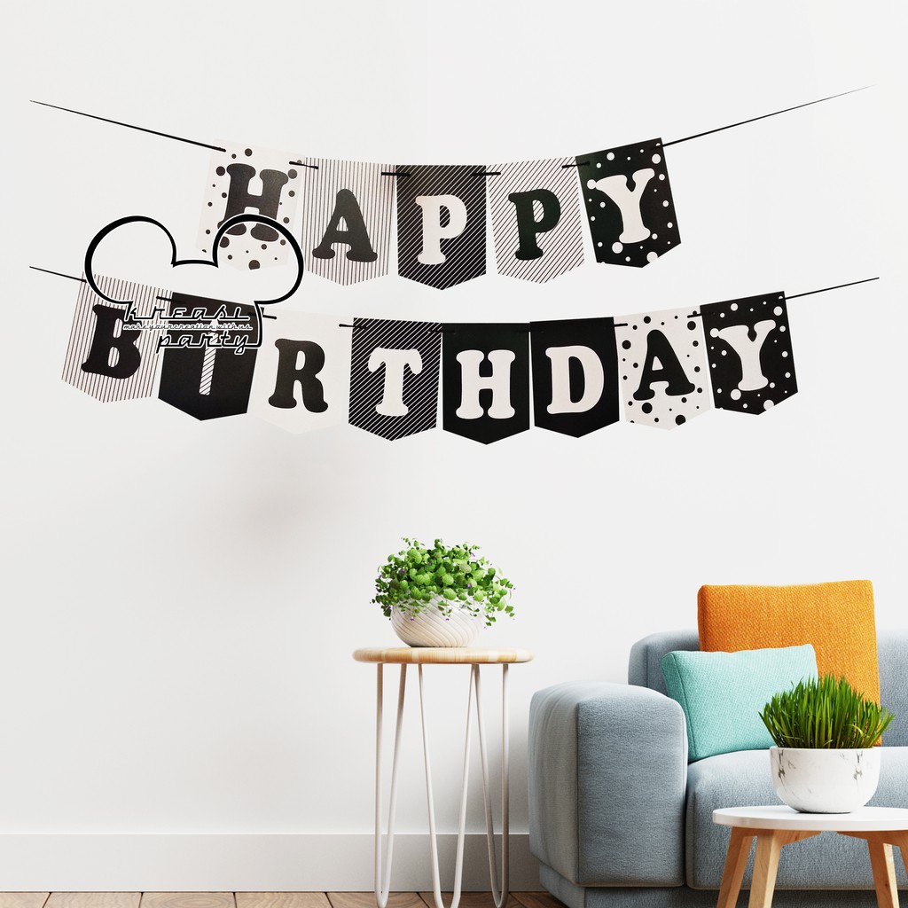 Banner Happy Birthday / Bunting Flag Hitam Putih Mix Motif