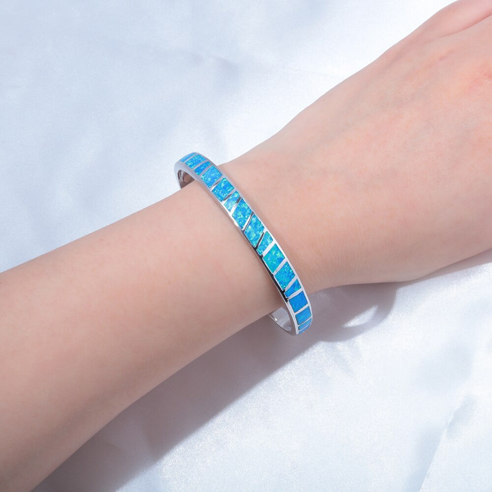 White &amp; Blue Fire Opal Stone Open Bangles Silver Plated Adjustable Minimalist Bracelets Jewelry Gifts for Girl Women