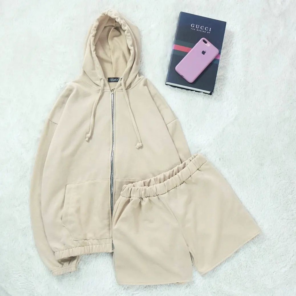 Joy Oneset Jaket + Short Pants Korean Style Setelan Wanita Fleece Premium