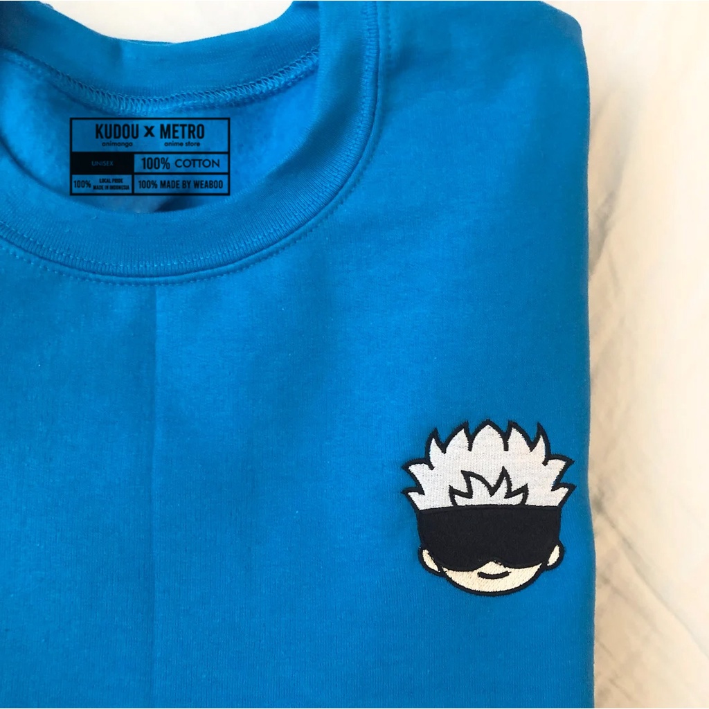 Crewneck Gojo Face Chibi Embroidery Blue Anime Manga Jujutsu Kaisen Premium Unisex