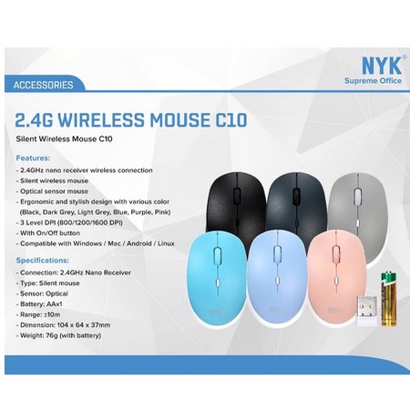 ITSTORE Optical Mouse Wireless Silent Click NYK C10 C-10 2,4Ghz 3 Level DPI 1200 1600 free batre baterai