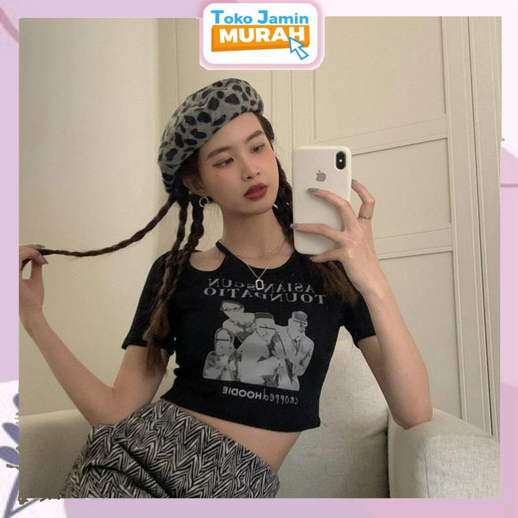 TJM BJ395 Korean Crop Top Asian Scun Atasan Lengan Pendek Kaos Berongga Sexy