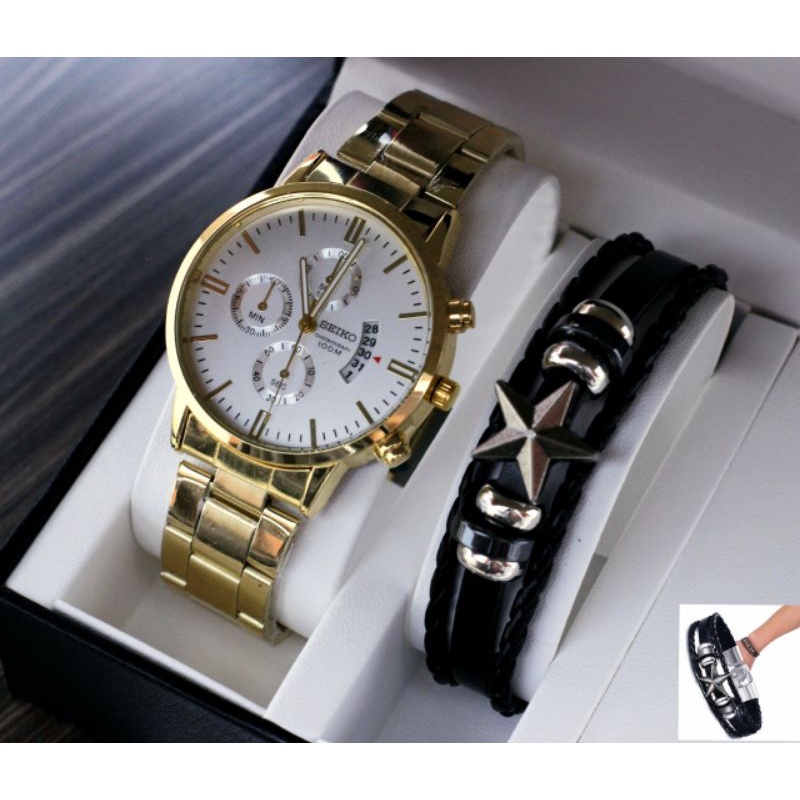 holypopshop free gelang || jam tangan pria Seiko tanggal sabit chrono variasi OR7168-KW rantai tangg
