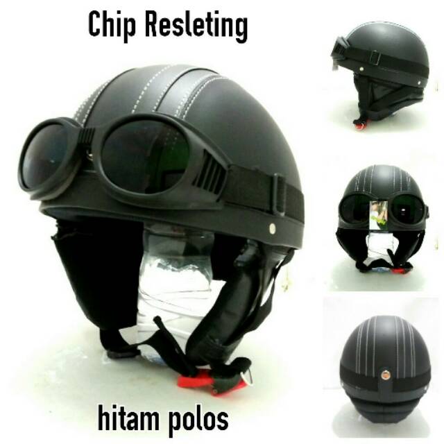 Helm Retro Chip Resleting Hitam Polos Kacamata