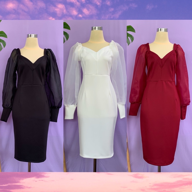 V-neck Organza Dress - Body Shape Dress - Lengan Balon Organza