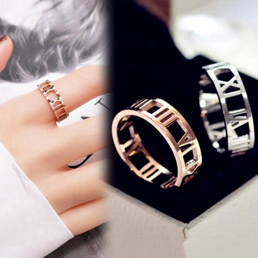 Cincin Motif Angka Romawi Bahan Titanium Steel Warna Rose Gold Silver Untuk Pria Dan Wanita