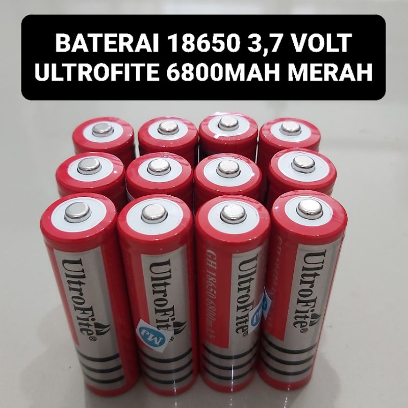 Baterai Cas 18650 3,7 Volt UltroFite 6800 Mah Senter Merah