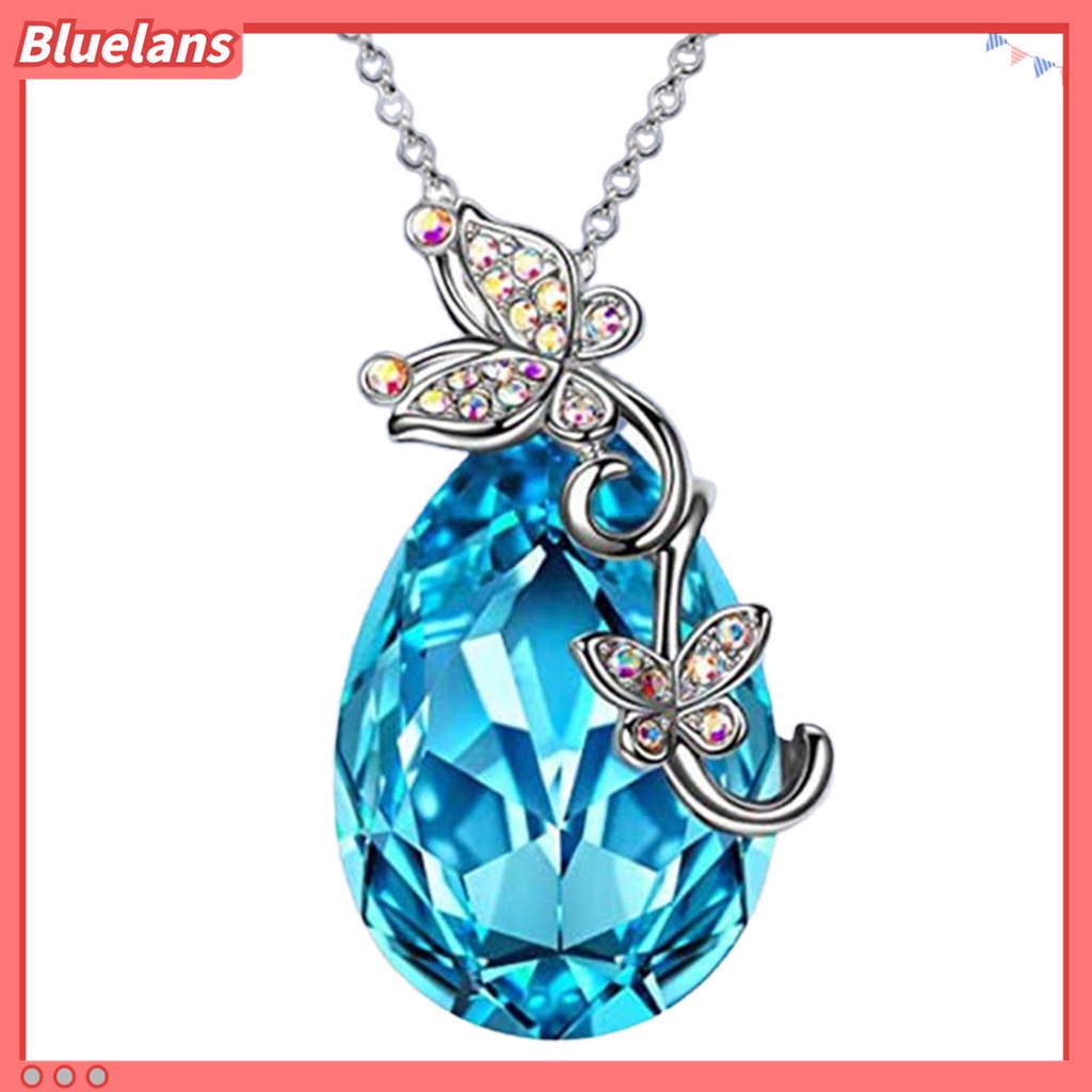 Kalung Rantai Desain Butterfly Waterdrop Aksen Kristal Imitasi Warna Biru Bahan Silver Plated Untuk Wanita