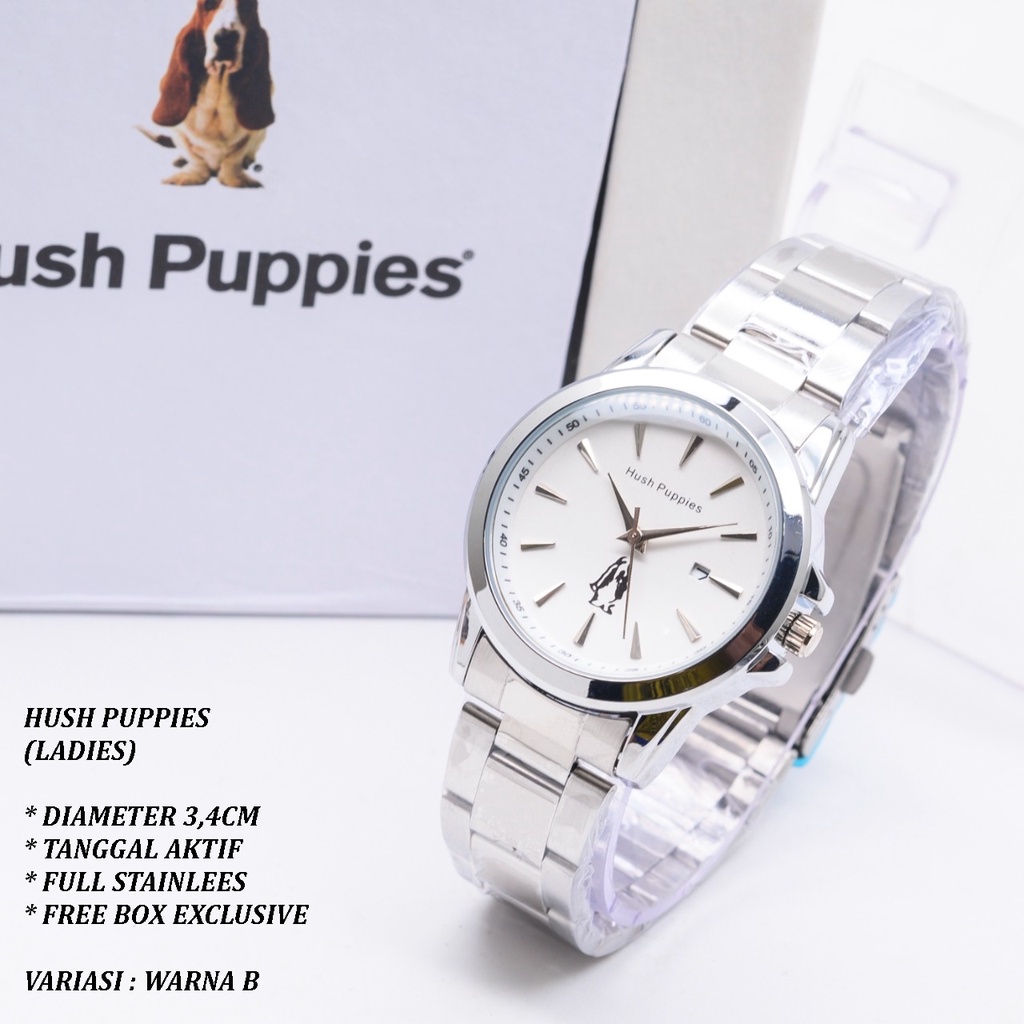 (FREE BOX) JAM TANGAN WANITA HUSH PUPPIES RANTIA BODY BULAT TANGGAL AKTIF