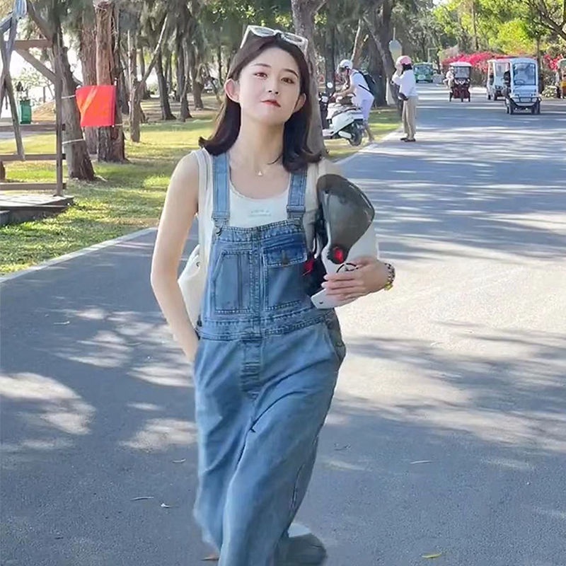 Tren awal musim gugur versi Korea dari overall denim kasual kecil baru tren celana one-piece wide-le