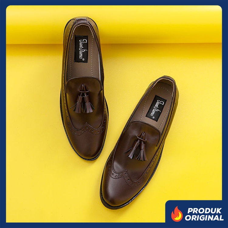 TOMIO DARKBROWN ORIGINAL x GIANT FLAMES Sepatu Loafers Coklat Pria Slip On Formal Casual Kerja Kantor Slop Resmi Kantoran Pesta Kondangan Selop Jalan Santai Hangout Kuliah Penny Loafer Semi Kulit Premium Big Size Jumbo Ukuran Besar 44 45 Keren Terbaru