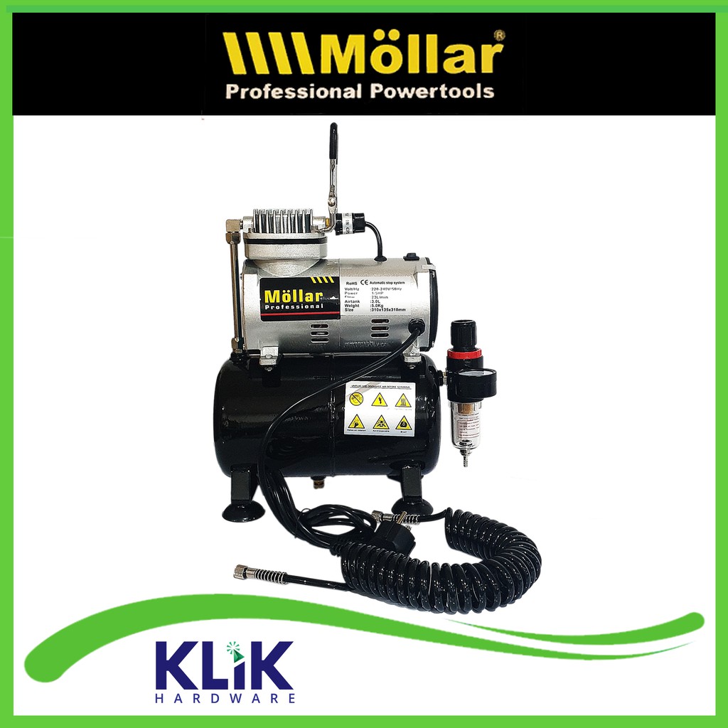 Mollar Mini Kompresor Air Brush Compressor Oil Less 150 Watt Tabung 3 Liter