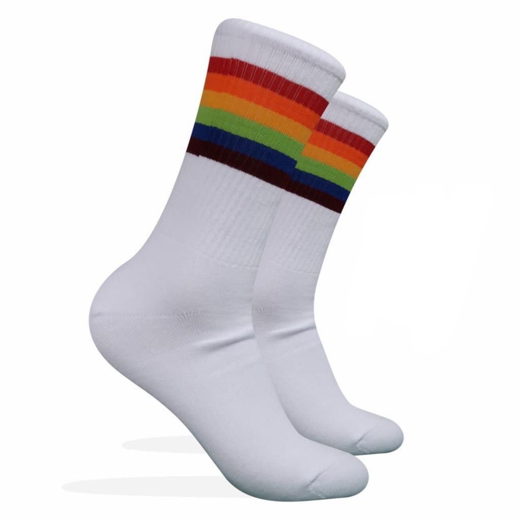 Kaos Kaki Motif Garis Rainbow Putih ( G9 )