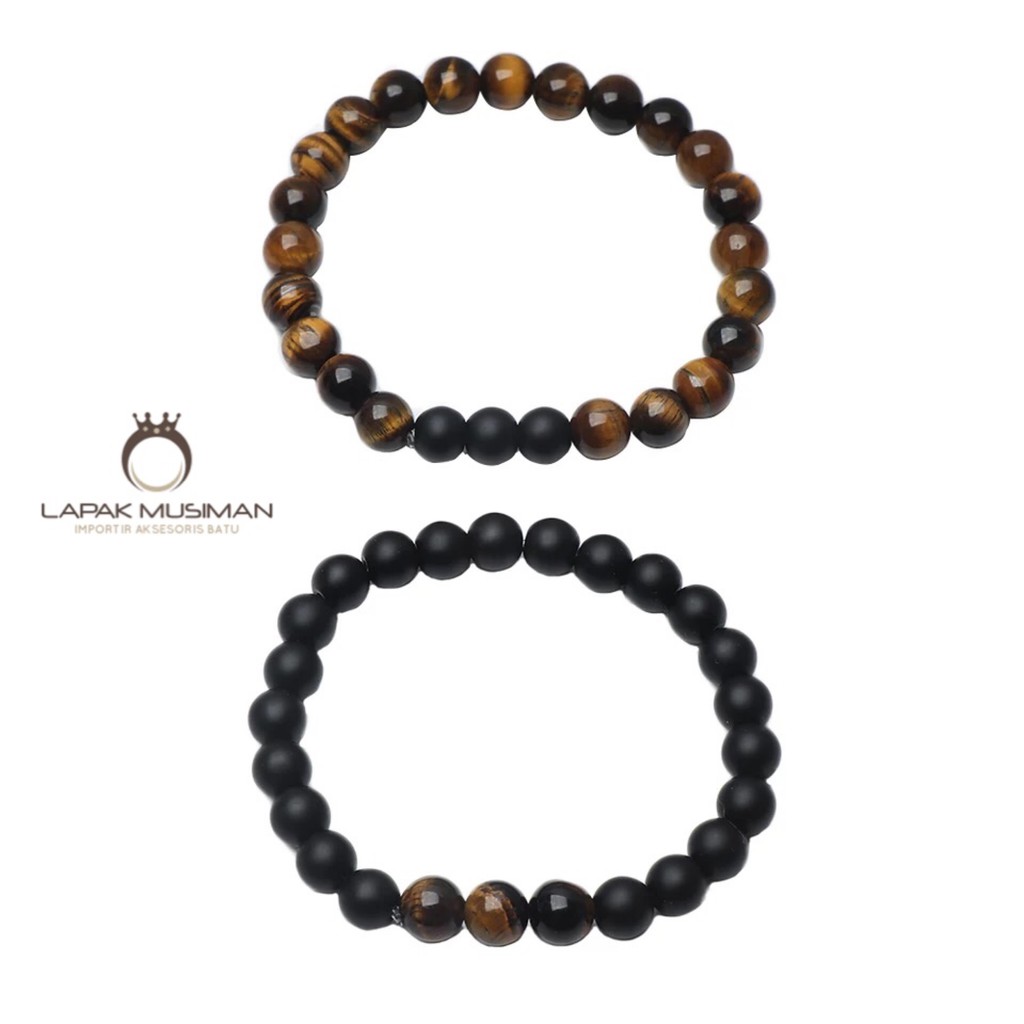 [Bayar di Tempat] Gelang Batu Couple Pasangan Tiger Eye Black Onyx Doff