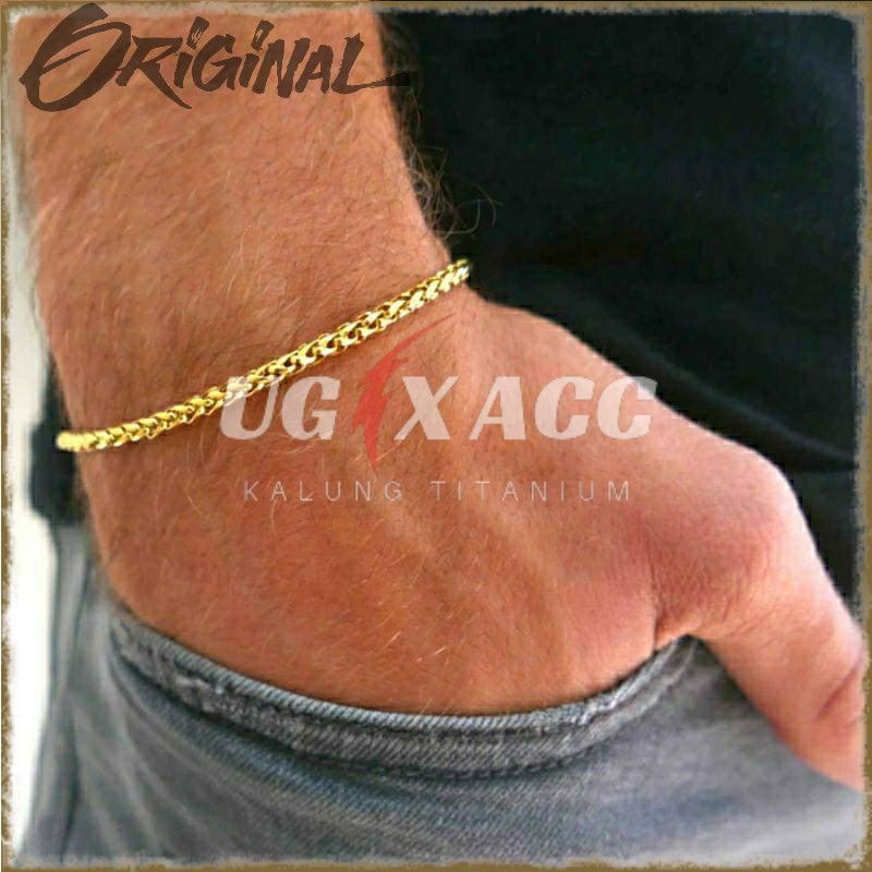 Gelang Titanium Anti Karat Gold Pria Wanita Asli Original Model Lilit Bulat Gelang Monel