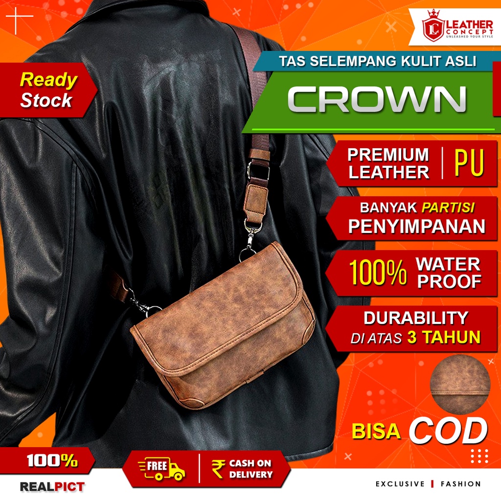 Tas Selempang Pria Waterproof Tas Kulit Pria Sling Bag CROWN 100% Ori